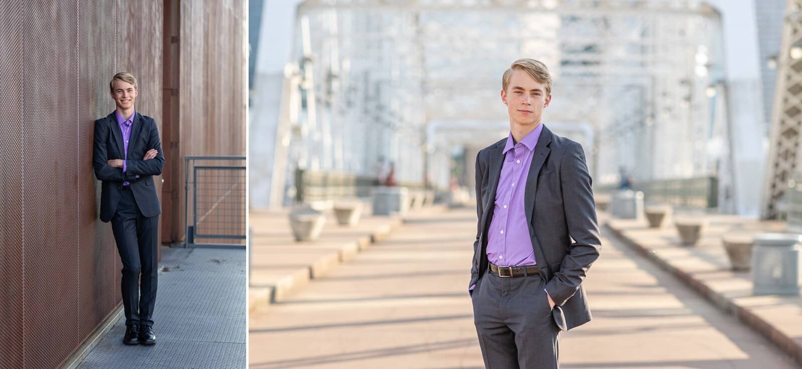 Senior boy in suit with purple shirt poses for photos